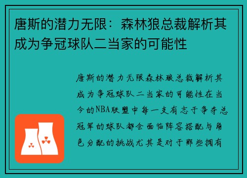 唐斯的潜力无限：森林狼总裁解析其成为争冠球队二当家的可能性