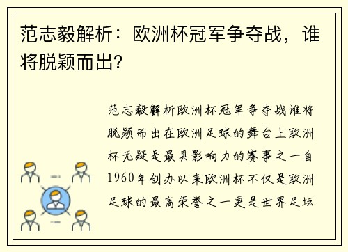 范志毅解析：欧洲杯冠军争夺战，谁将脱颖而出？