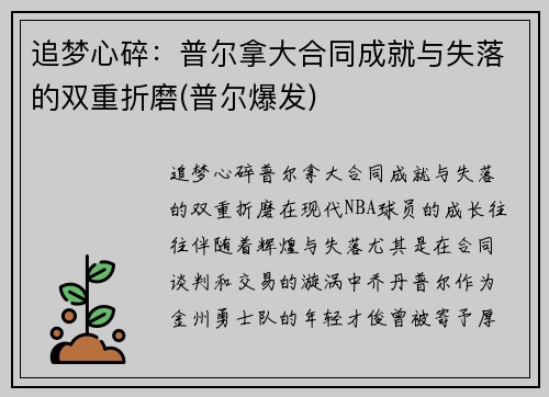 追梦心碎：普尔拿大合同成就与失落的双重折磨(普尔爆发)