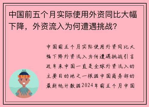 中国前五个月实际使用外资同比大幅下降，外资流入为何遭遇挑战？