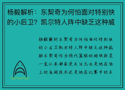 杨毅解析：东契奇为何怕面对特别快的小后卫？凯尔特人阵中缺乏这种威胁