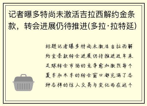 记者曝多特尚未激活吉拉西解约金条款，转会进展仍待推进(多拉·拉特延)